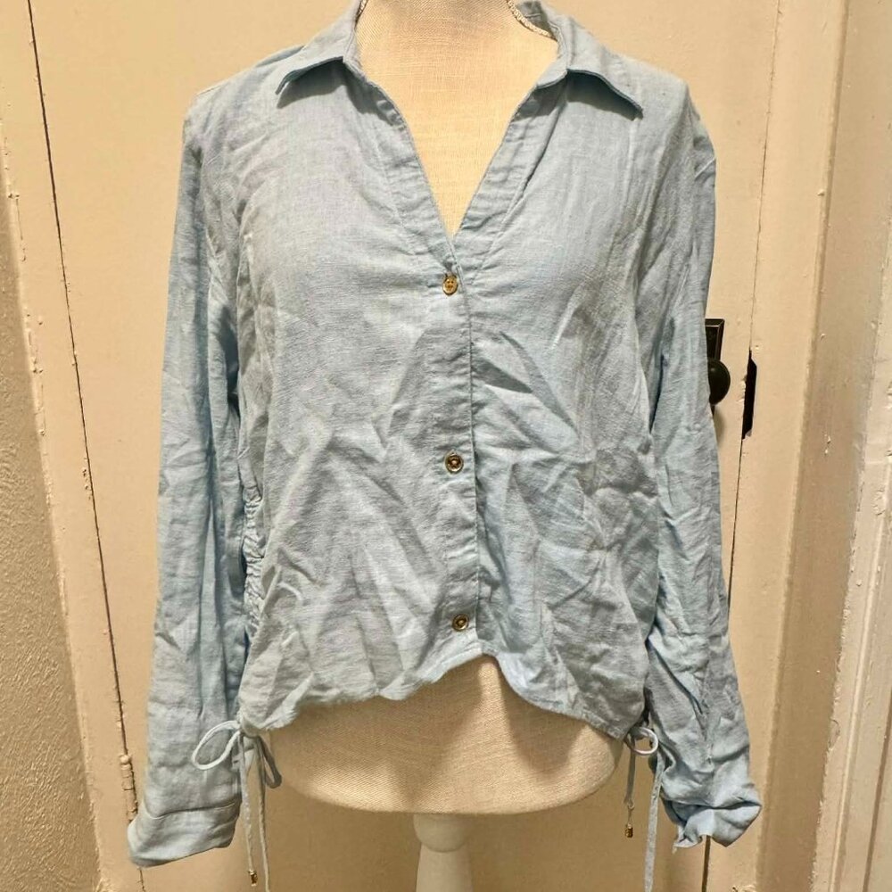 Michael Kors Linen Blend Cropped Button Down Collared Shirt with Cinched Sides/L
